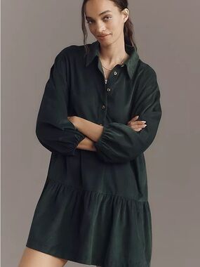 Maeve Dark Green Tiered Button-Front Mini Dress